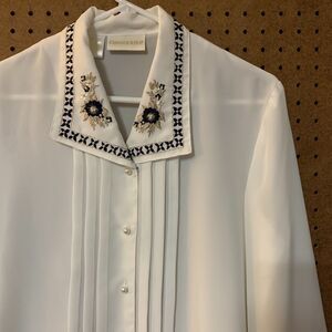 Sheer Blouse Button Down Sheer White Embroidered Floral Granny Preppy 10